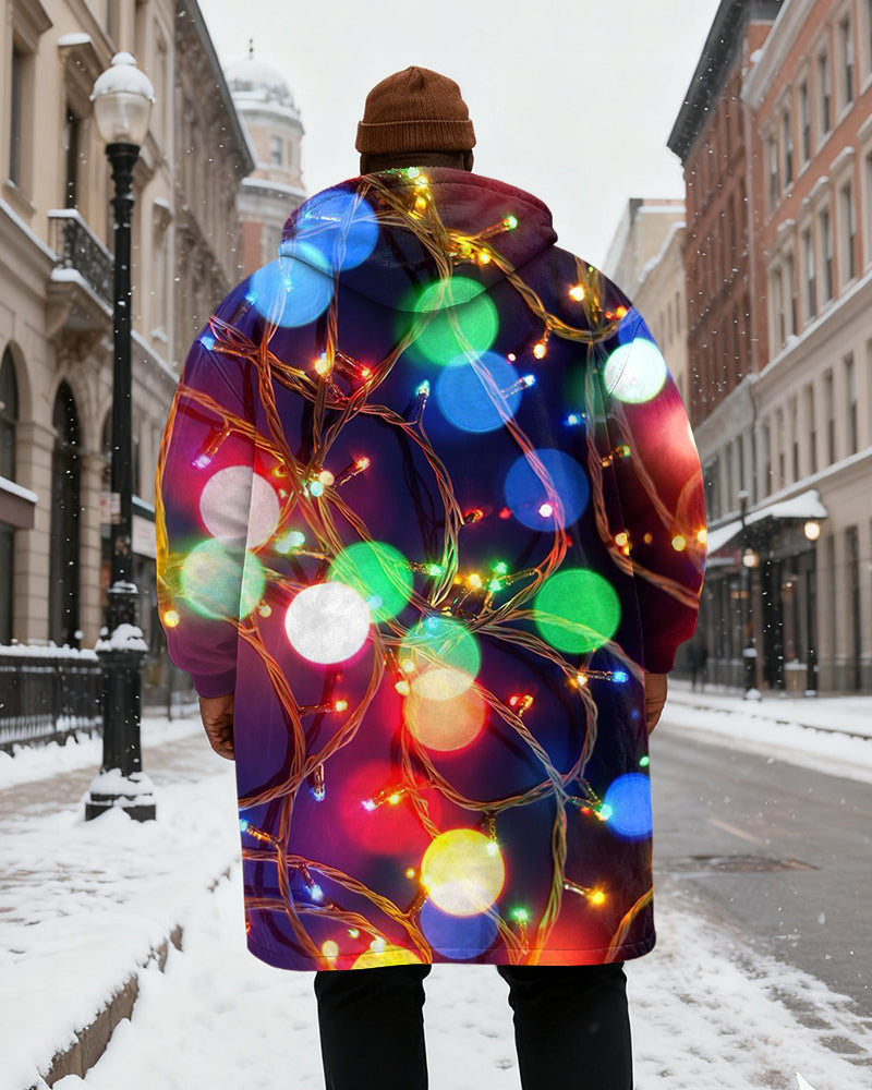Big & Tall Men's Color Holiday Lights With Printed Velvet Thickened Long Hooded Coat