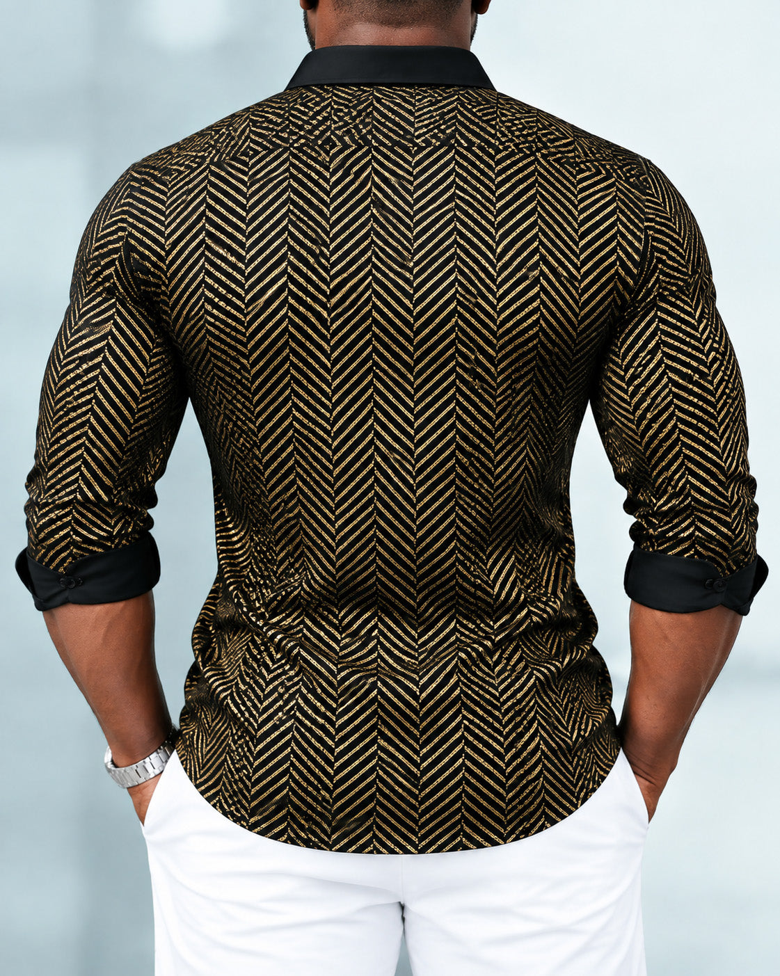 Big & Tall Men's Luxury Satin Gold Herringbone Geometric Print Long Sleeve Shirt