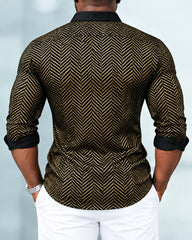 Big & Tall Men's Luxury Satin Gold Herringbone Geometric Print Long Sleeve Shirt