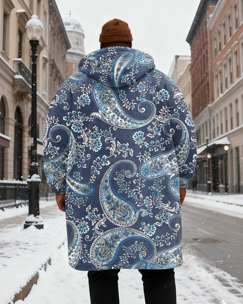 Big & Tall Men's Navy Blue And White Paisley Printed Velvet Padded Long Hooded Coat