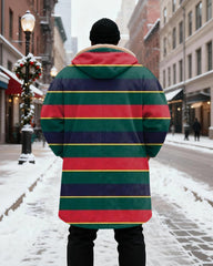 Big & Tall Men's Red, Green, Purple And Yellow Contrast Striped Printed Velvet Padded Long Hooded Coat