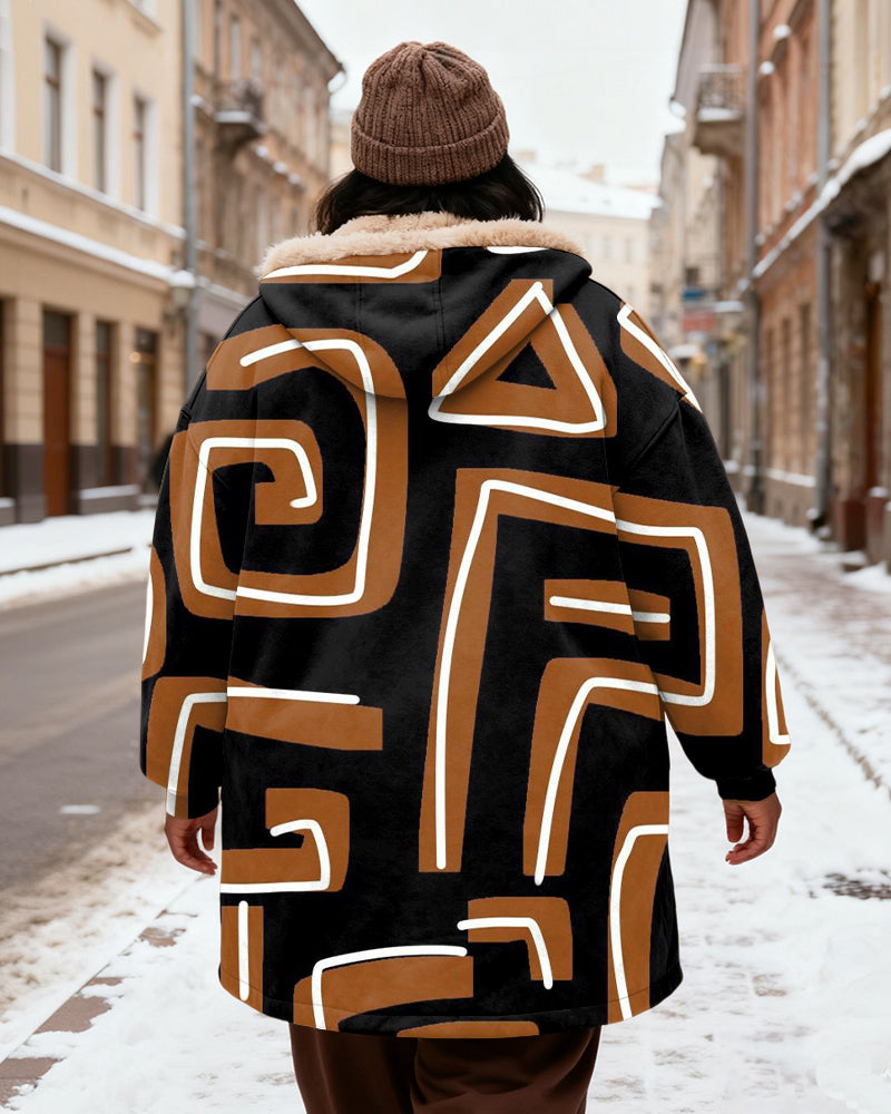 Women's Brown Geometric Print Velvet Thickened Long Hooded Coat