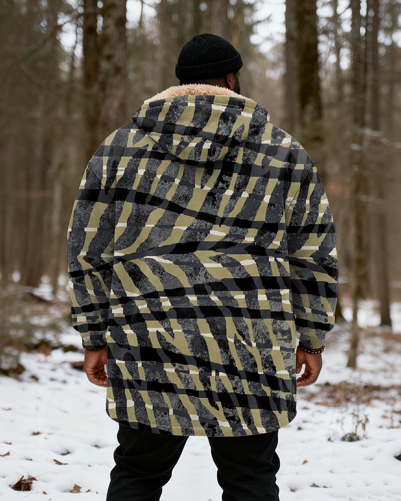 Big & Tall Men's Hunting Style Black Yellow Green Check Zebra Print Velvet Thickened Long Hooded Coat
