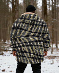 Big & Tall Men's Hunting Style Black Yellow Green Check Zebra Print Velvet Thickened Long Hooded Coat