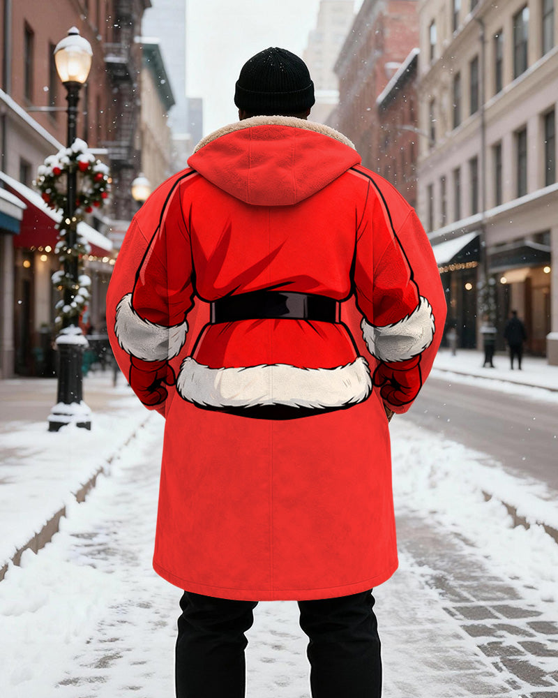 Big & Tall Men's Red Muscle Santa Claus Styling Printed Velvet Thickened Long Hooded Coat