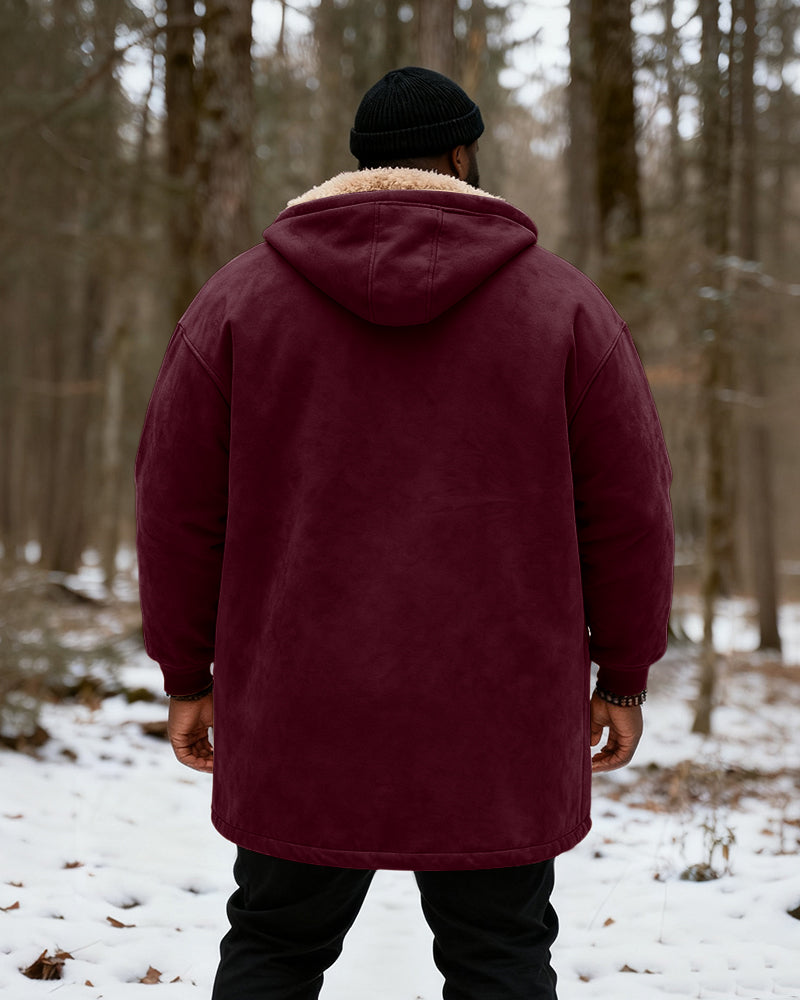 Big & Tall Men's Hunting Style Bull Totem Print Velvet Thickened Long Hooded Coat