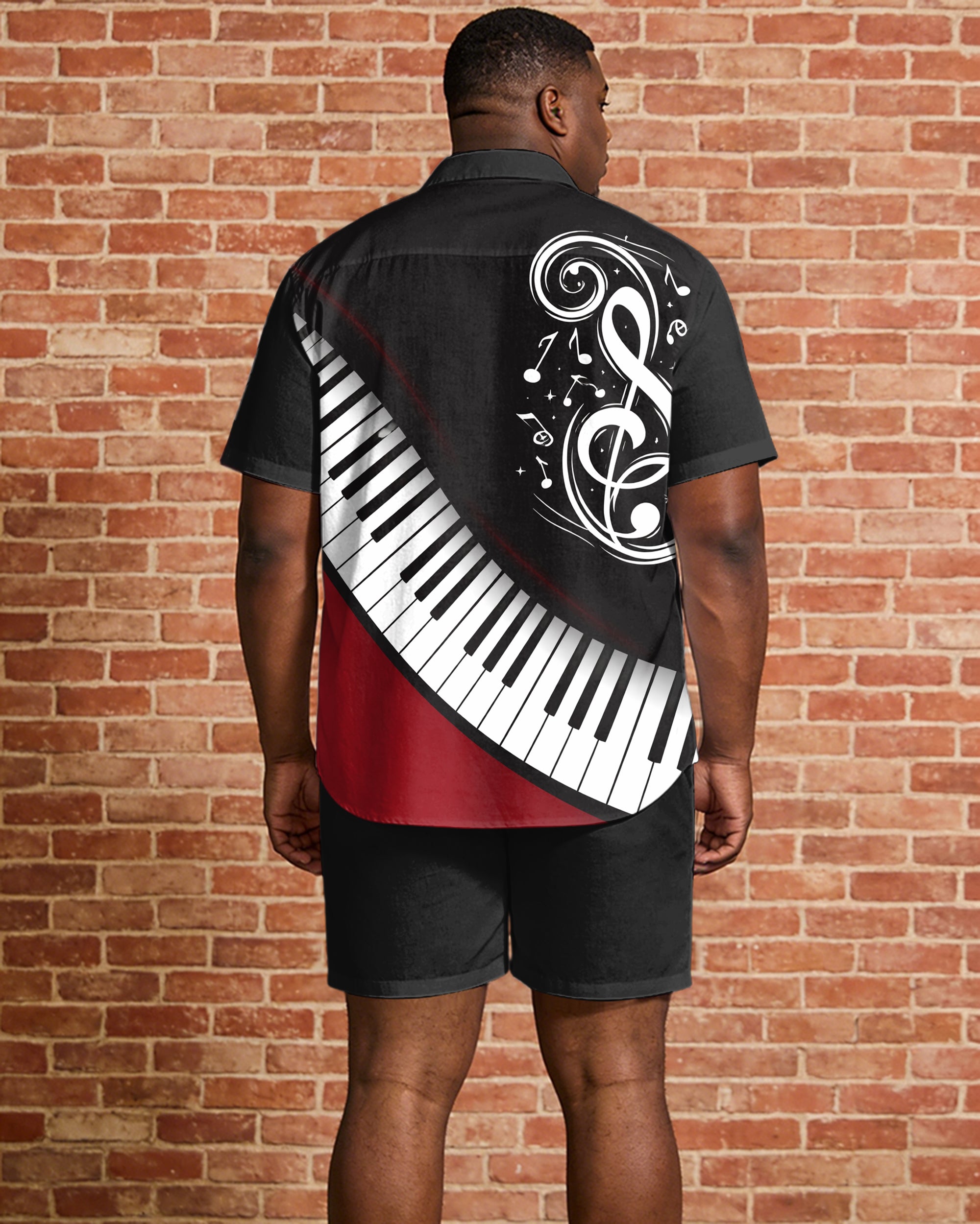Big & Tall Men's Music Black & Red Guitar Print Short Sleeve Shirt Shorts Set
