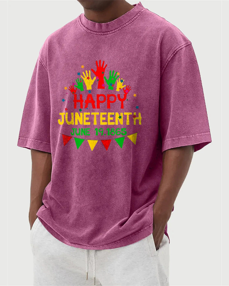 S-5XL Happy Juneteenth 1865 Colorful Palm Printed Wash Water Dressed T-Shirt