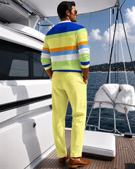 S-3XL Colorful Stripe Printed Henry Collar Shirt Drawstring Pants Two-Piece Set