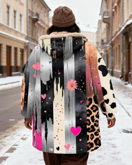 Women's Love Leopard Print Stitching Graffiti Print Velvet Thickened Long Hooded Coat