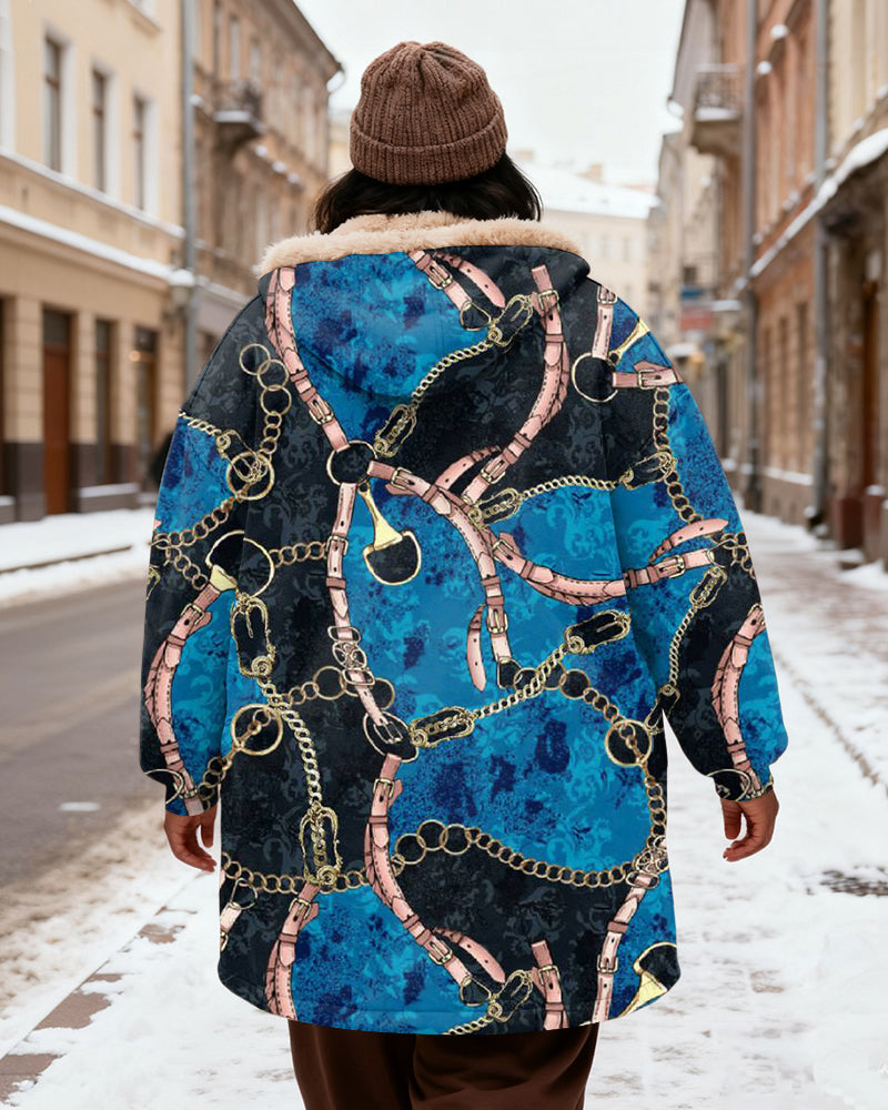 Women's Blue Bottom Chain Belt Printed Velvet Thickened Long Hooded Coat