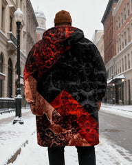 Big & Tall Men's Red And Black Crack Graffiti Print Velvet Thickened Long Hooded Coat