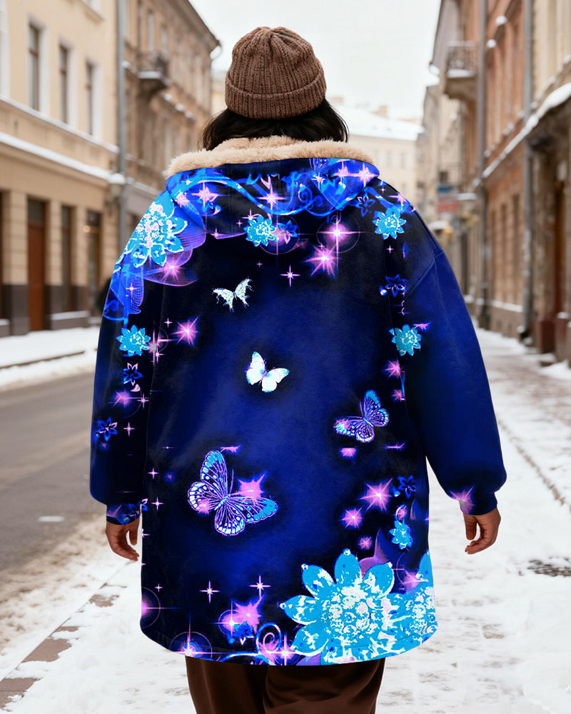Women's Dark Blue Base Blue Purple Butterfly Star Floral Print Velvet Thickened Long Hooded Coat