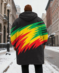 Big & Tall Men's Black Yellow Green Red Lightning Print Velvet Thickened Long Hooded Coat