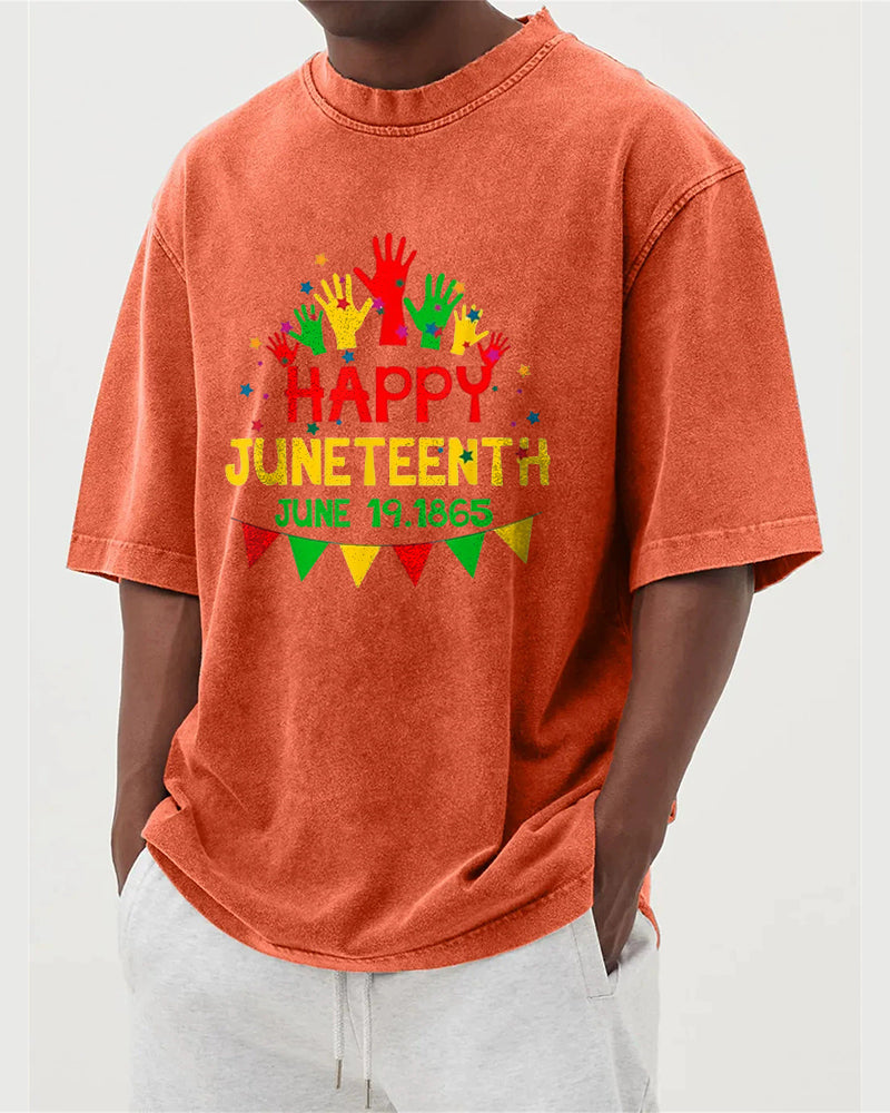 S-5XL Happy Juneteenth 1865 Colorful Palm Printed Wash Water Dressed T-Shirt