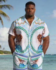 Large Size Men's Hawaiian Court Style Printed Short Sleeve Shirt Shorts Set