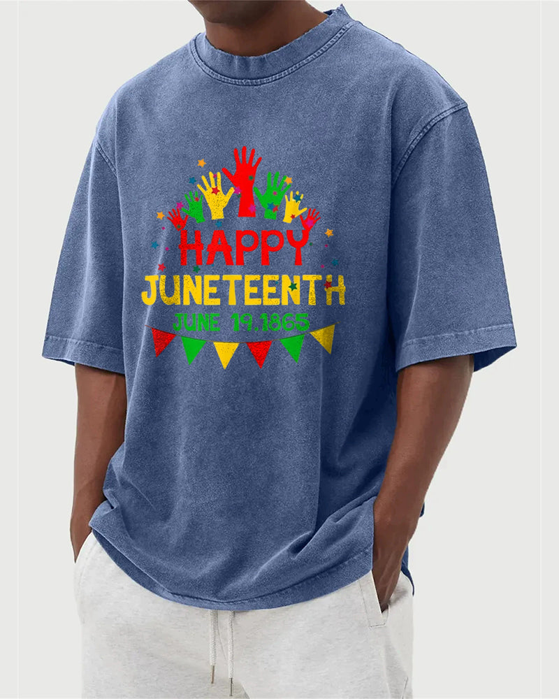 S-5XL Happy Juneteenth 1865 Colorful Palm Printed Wash Water Dressed T-Shirt