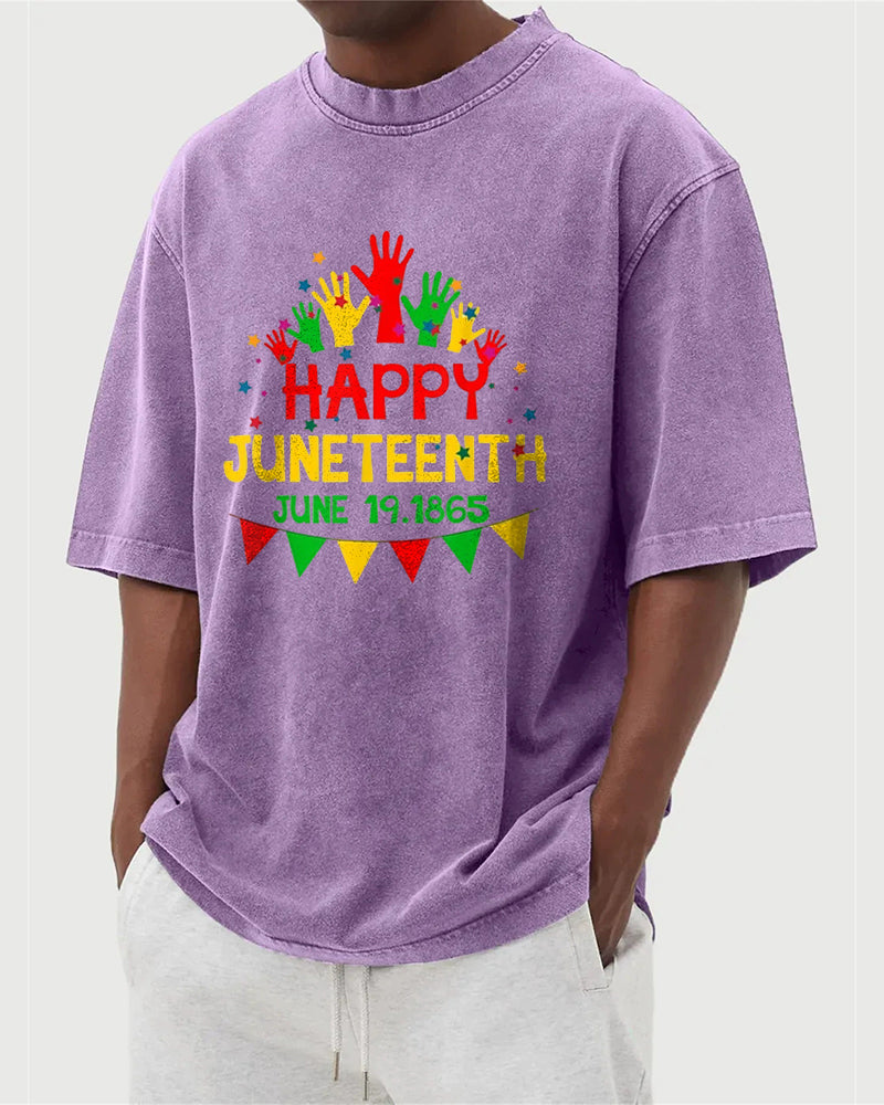 S-5XL Happy Juneteenth 1865 Colorful Palm Printed Wash Water Dressed T-Shirt