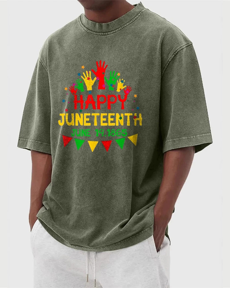 S-5XL Happy Juneteenth 1865 Colorful Palm Printed Wash Water Dressed T-Shirt