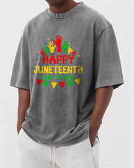 S-5XL Happy Juneteenth 1865 Colorful Palm Printed Wash Water Dressed T-Shirt