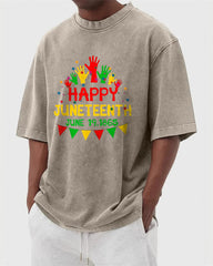 S-5XL Happy Juneteenth 1865 Colorful Palm Printed Wash Water Dressed T-Shirt
