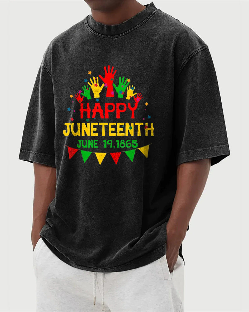 S-5XL Happy Juneteenth 1865 Colorful Palm Printed Wash Water Dressed T-Shirt