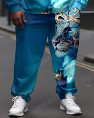 Big Men's Street Fashion Blue Lion K Letter Print Hoodie Set
