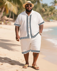 Big Men's Vacation Casual Bohemian Style Striped Edge Textured Short Sleeve Shirt Shorts Suit
