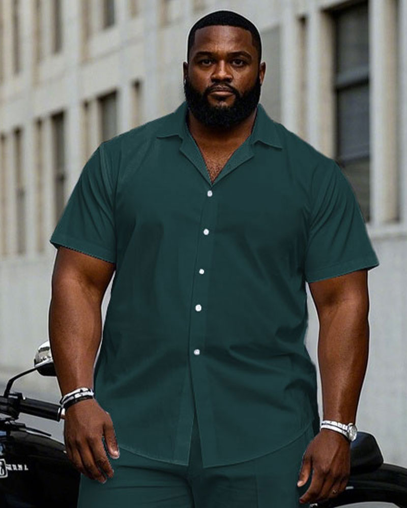 Men's Plus Size Business Aristocratic Dark Green Short-sleeved Shirt Trousers Suit
