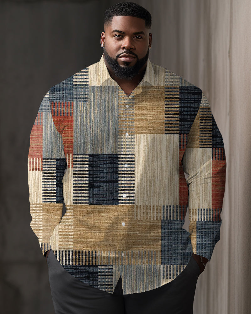 Big Men's Casual Striped Squares Print Lapel Long Sleeve Shirt