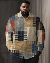 Big Men's Casual Striped Squares Print Lapel Long Sleeve Shirt