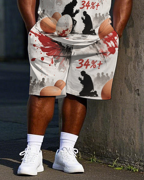 Big Men's Satire Abstract Rooster Traffiti Printed Casual Short Sleeve T-Shirt Shorts Set