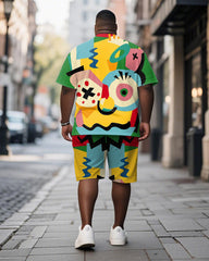 Men's Plus Size Green Graffiti Big Eyes Cartoon Print Short Sleeve T-Shirt Shorts Suit