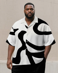 Men's Plus Size Simple Black And White Geometric Printing Short Sleeve Shirt Trousers Suit