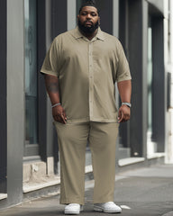 Big Men's All-match Solid Color Khaki Short Sleeve Shirt Trousers Set