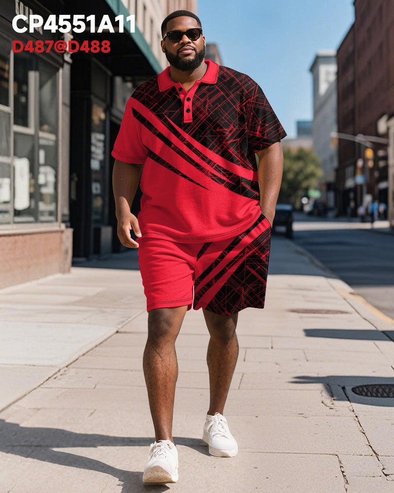 Big & Tall Men's Business Black And Red Color Block Geometric Print Short Sleeve Polo Shirt Shorts Suit