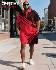 Big & Tall Men's Business Black And Red Color Block Geometric Print Short Sleeve Polo Shirt Shorts Suit