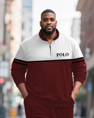 Big & Tall Men's Wine Red Striped Contrast Printed POLO Collar Zipper Long Sleeve Pants Two-piece Set