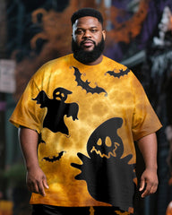 Big & Tall Men's Halloween Yellow Black Color Contrast Ghost Bat Pumpkin Print T-Shirt Trousers Suit