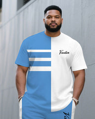 Men's Plus Size White & Blue Pants Side-stitched Round Neck Short-sleeved T-shirt Half-length Pants Suit