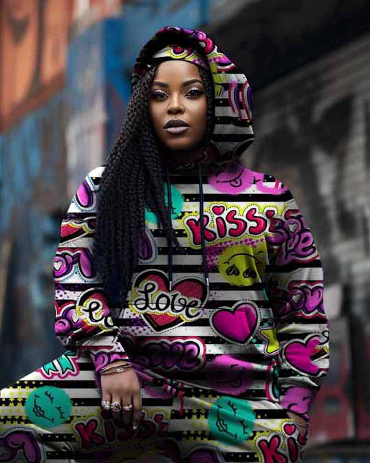 Women's Big & Tall 2 Piece Sweatsuit Kiss Love Stripe Hoodie Pants Set
