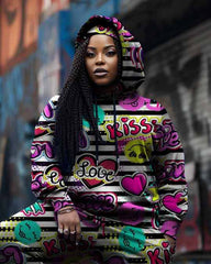 Women's Big & Tall 2 Piece Sweatsuit Kiss Love Stripe Hoodie Pants Set