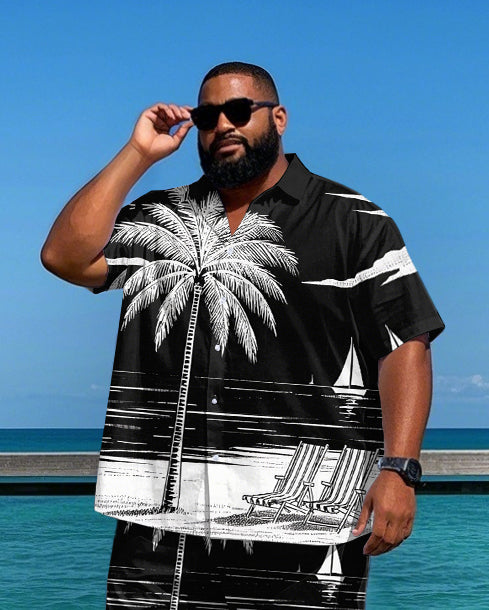 Big Men's Abstract Hawaiian Painting Coconut Trees Printed Daily Casual Short Sleeve Shirt Shorts Set