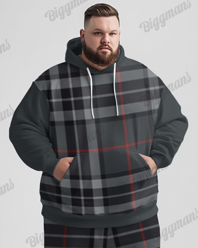 Men's Street Fashion Versatile Classic Plaid Print Big & Tall Hoodie Set