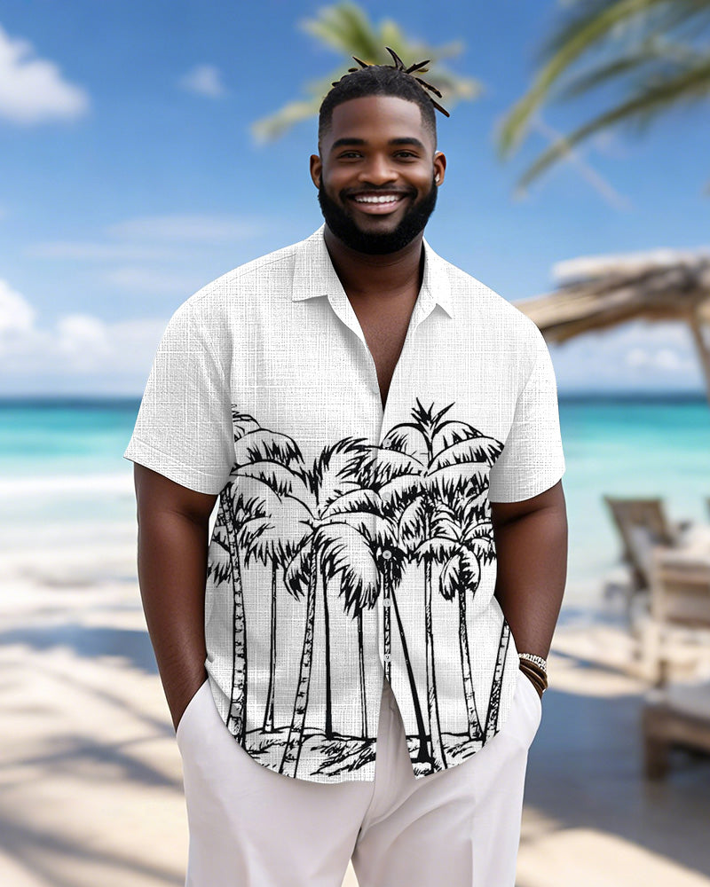 Men's Plus Size Hawaiian Black And White Coconut Printed Short Sleeve Slub Shirt