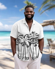 Men's Plus Size Hawaiian Black And White Coconut Printed Short Sleeve Slub Shirt