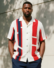 Big & Tall Men's Business Red Colorblock Geometric Stripe Print Short Sleeve Shirt Trousers Suit