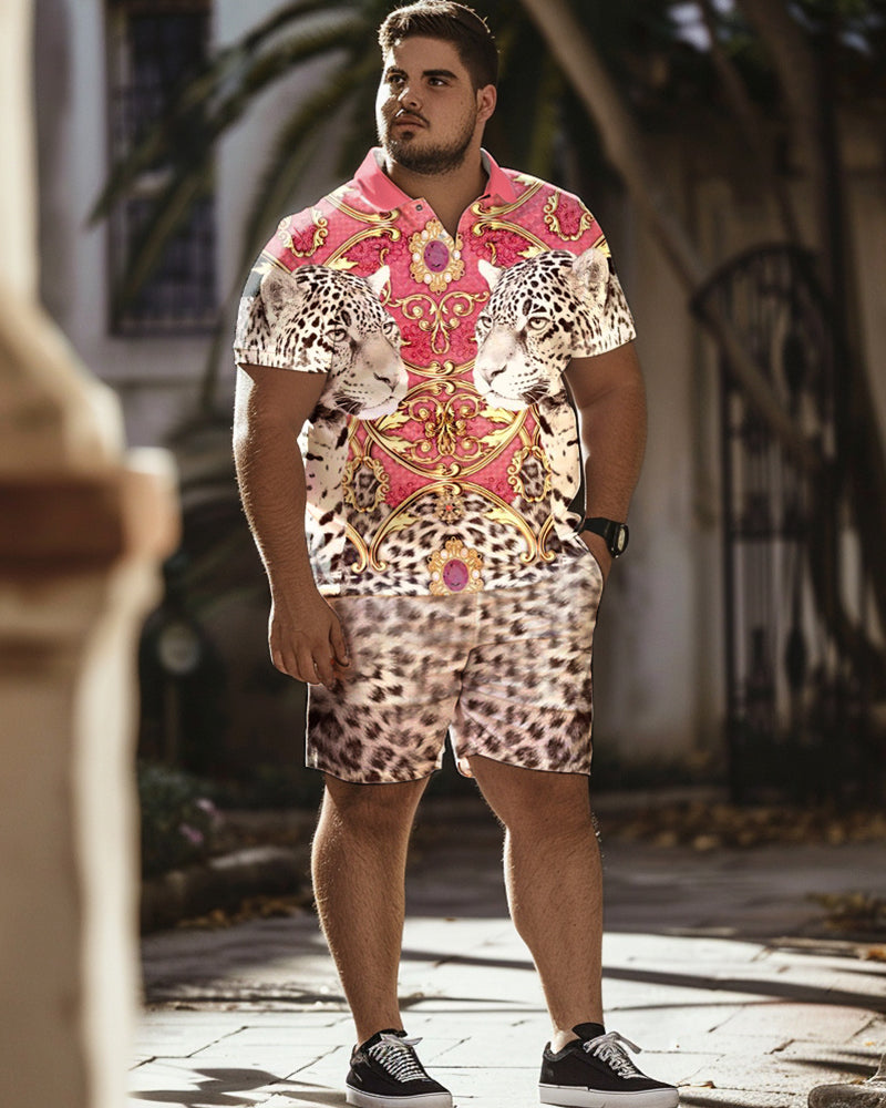 Leopard Print Oversized Polo Men's Short Sleeved Set