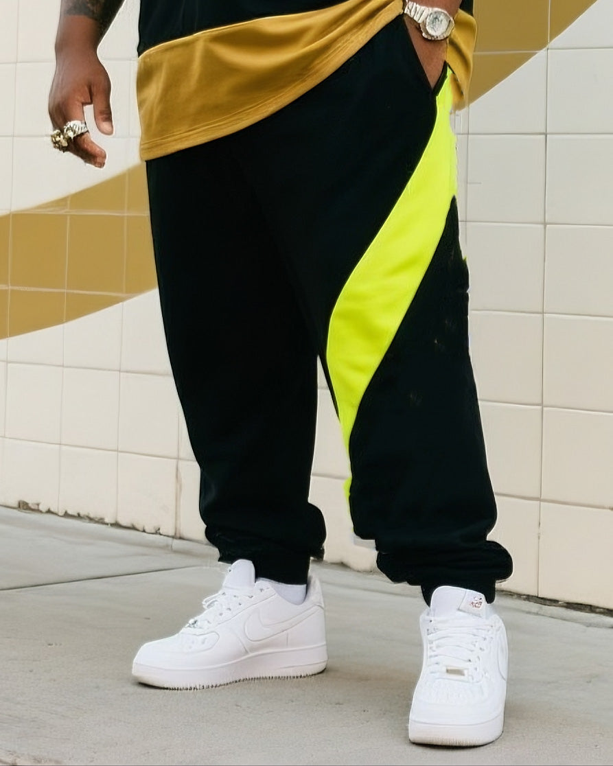 Big Boy's Daily Casual Laminated Black Spelling Fluorescent Green Plus Gold Laminated Round Neck Short Sleeve T-Shirt Striped Trousers