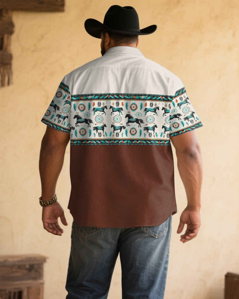 Men's Plus Size Khaki & White Western Denim Patchwork Printed Short Sleeve Shirt